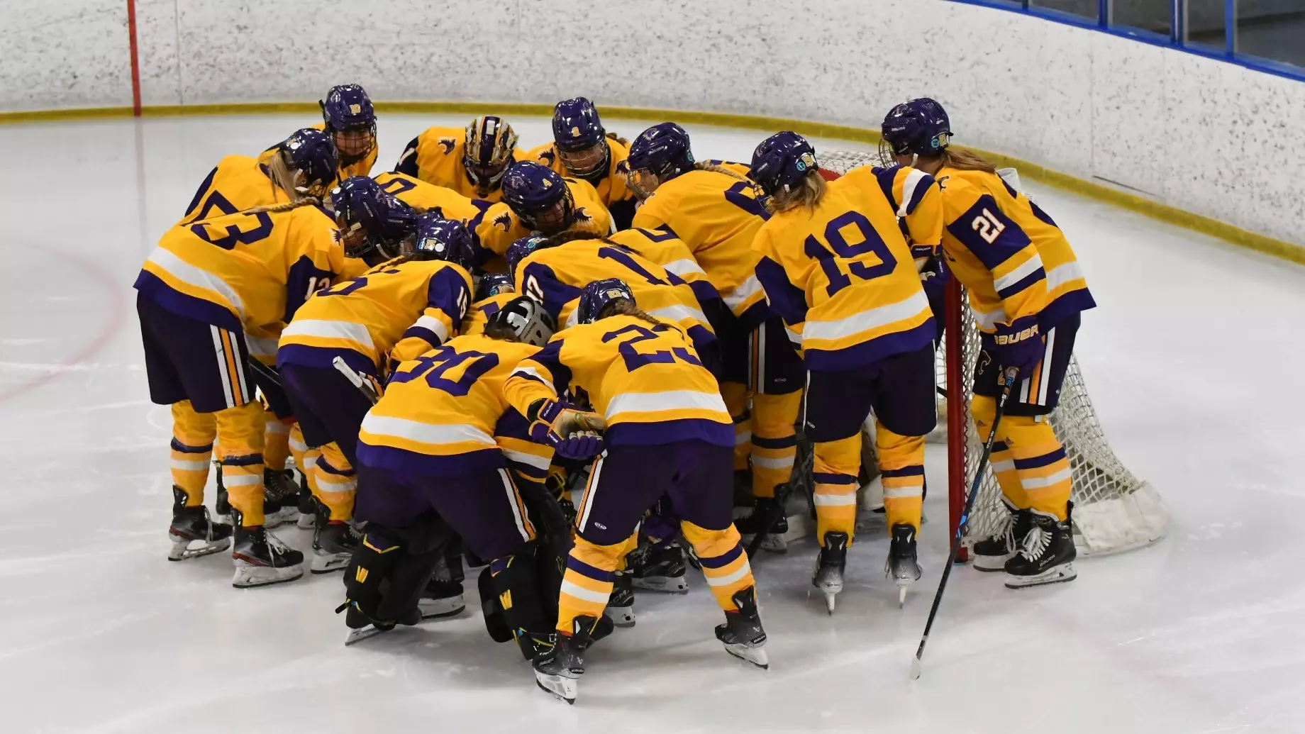 Hockey team huddle around net at Drake Arena