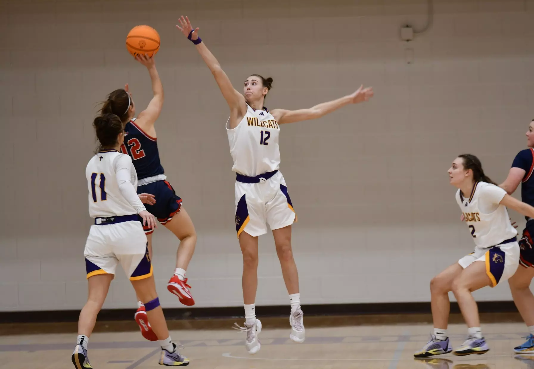 Emme Golembiewski blocking shot from Macalester player 