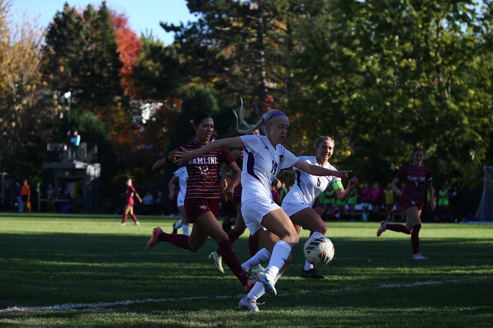 Claire Cater shooting goal against Hamline