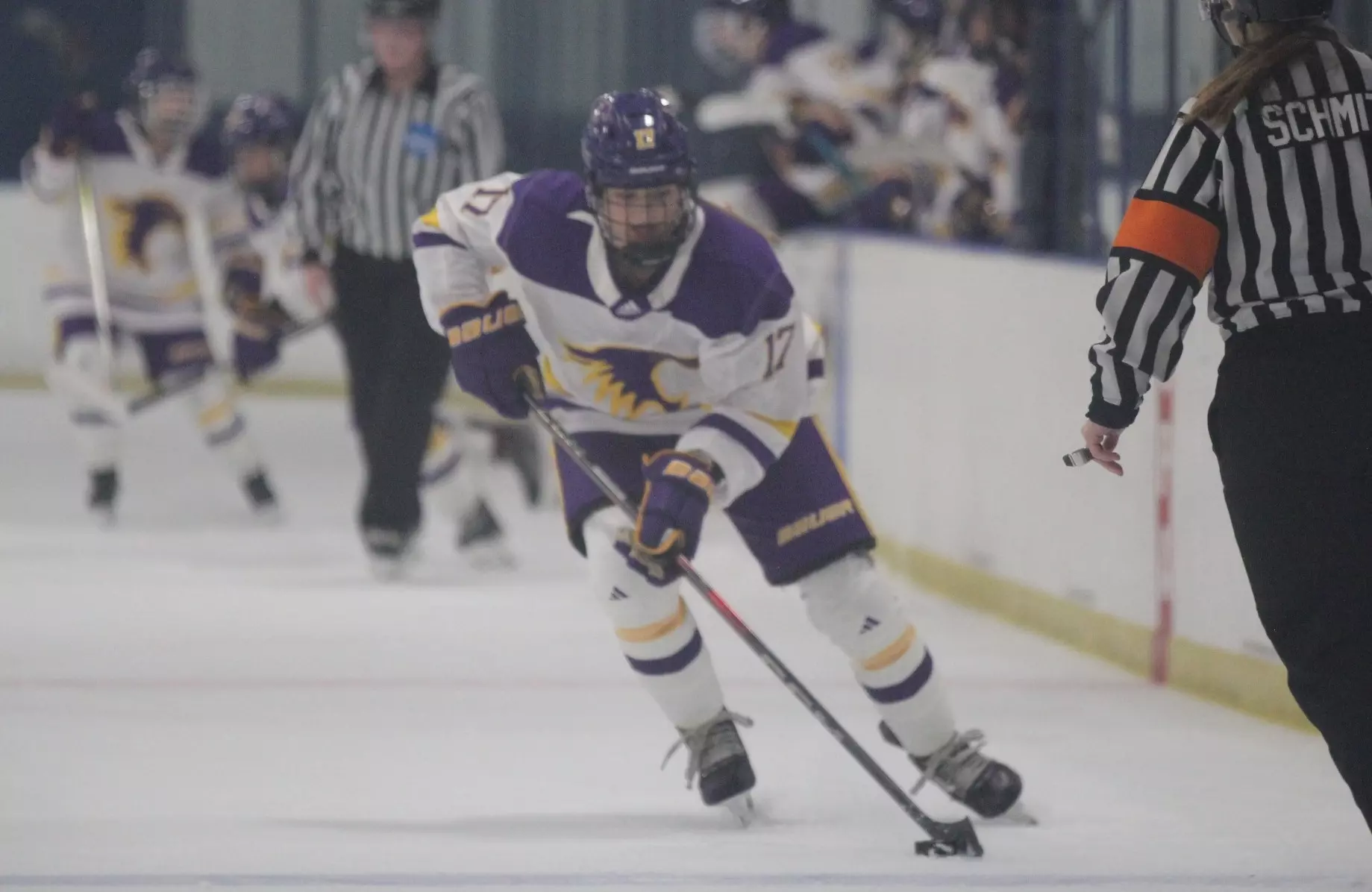 Ana Myers carrying puck down the ice