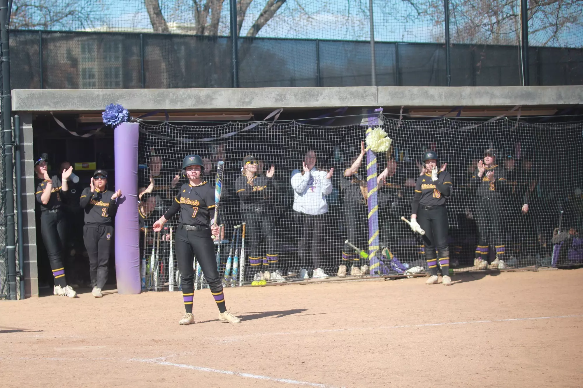 softball team in dugout cheering